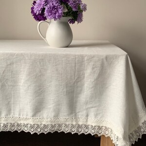 Linen Tablecloth with Lace, Milk White Linen Tablecloth, Milk White Lace Tablecloth, Large Square Linen Tablecloth, Large Tablecloth image 3