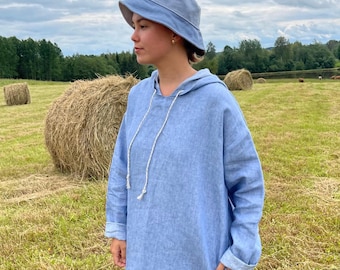 Reversible Linen Bucket Hat • Soft Blue Pastel • Handmade Summer Hat • リネン バケットハット