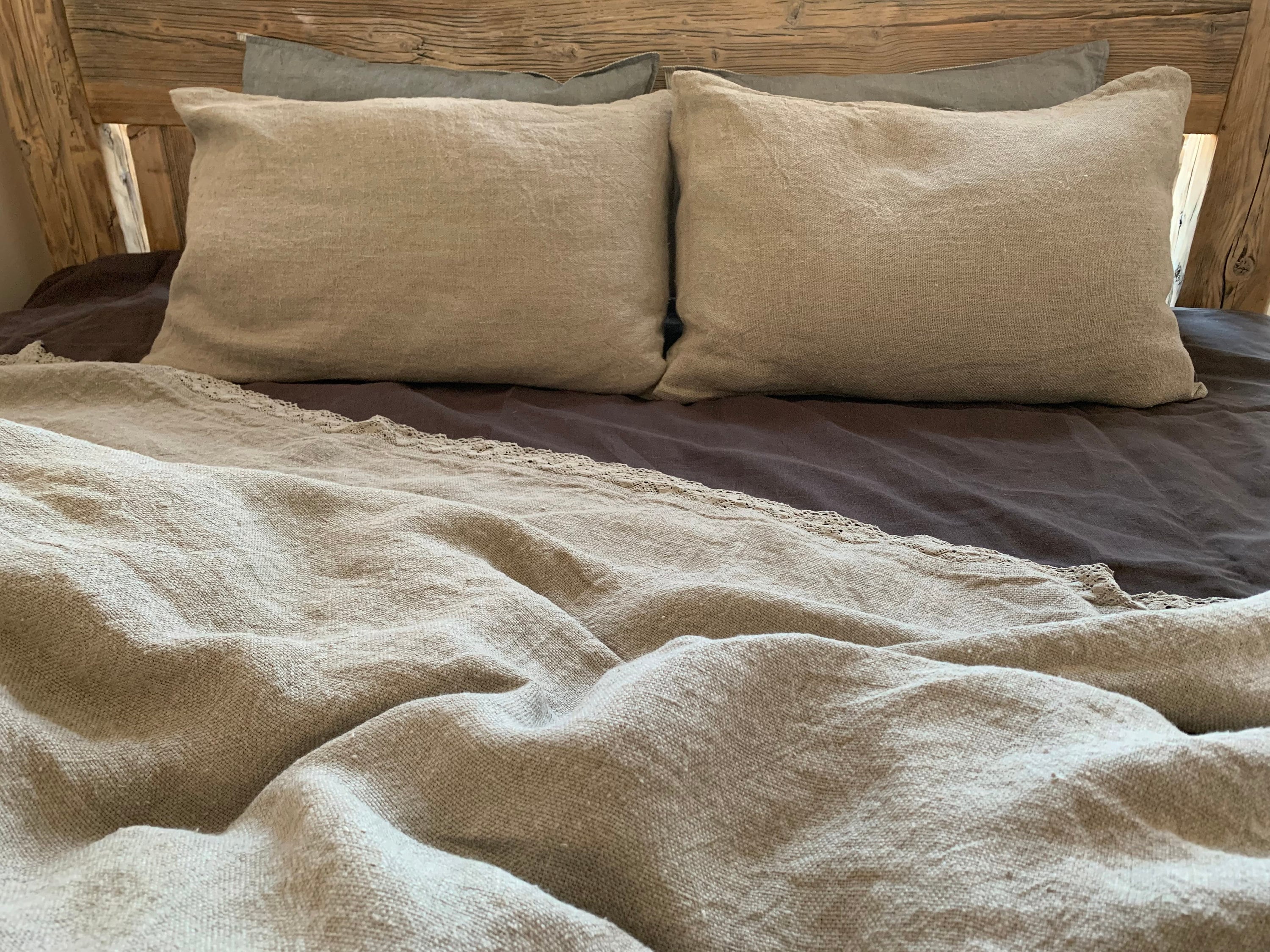 Linen Blanket with Lace, Bed Blanket, Bed Throw with Lace