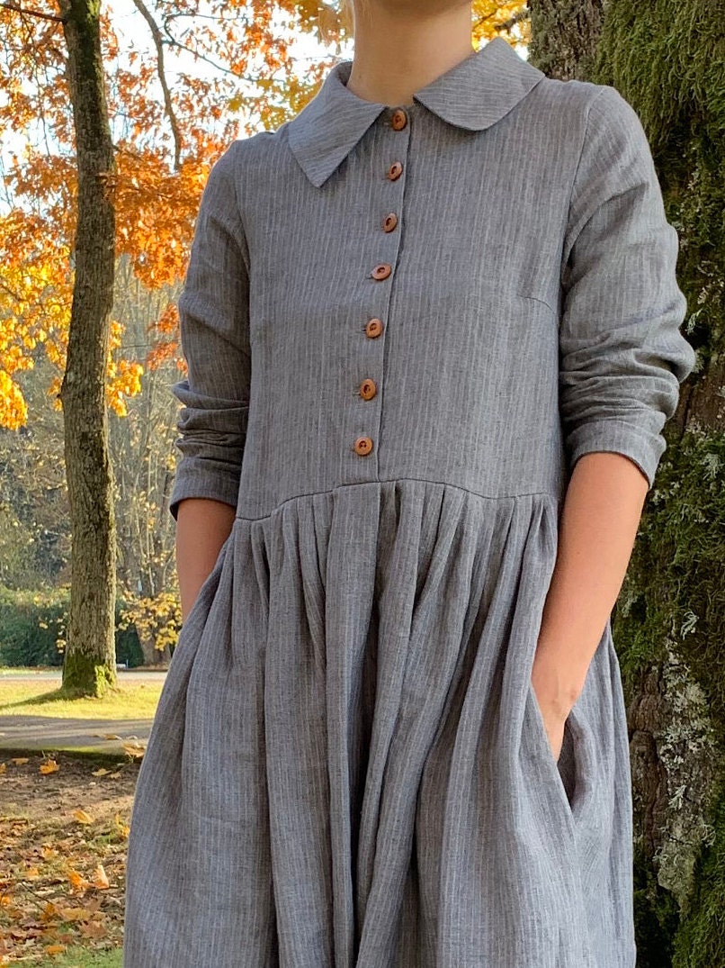 Classic Linen Dress with Collar, Traditional Linen Dress with Buttons