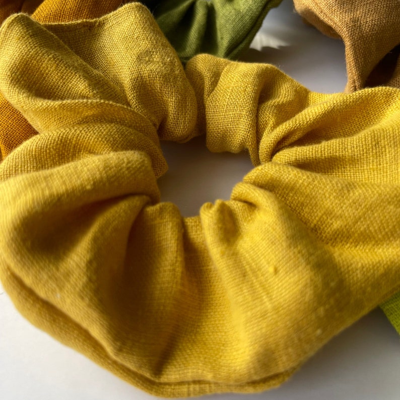 Ready to Ship. Set of 5 Different Color Linen Scrunchies Moss Green. Lime Green. Curcuma Yellow. Caramel. Mustard Yellow zdjęcie 6