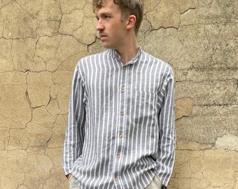 Men’s Linen Shirt KARL, Gray and White Stripes, Long Sleeve Button Down, Adjustable Sleeve