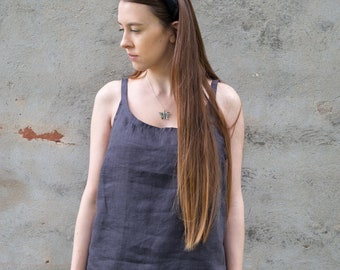 100% Linen Top, Charkoal  Grey Strap Top, Grey Blouse, Loose Top, Strap Blouse, Women's Top, Linen Shirt Women, Linen Summer Top, Grey Top