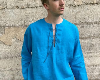 Turquoise Linen Shirt Mens Long Sleeve Tie Neck Top Soft Washed Linen Blouse Relaxed Fit Handmade Clothing