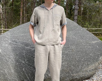Men's Leisure Set / Short Sleeve Linen Hooded Jacket with Drawstring Pants / Loungewear Set / Leisure Clothing