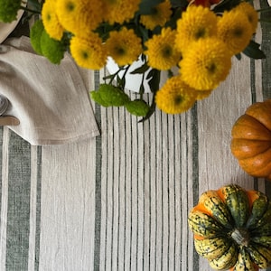 Gray Linen Tablecloth with Natural Green Stripes, Striped Tablecloth, Square, Rectangle Tablecloth, Large Tablecloth, Woven Tablecloth
