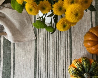 Gray Linen Tablecloth with Natural Green Stripes, Striped Table Cloth, Square, Rectangle Tablecloth, Large Tablecloth, Woven Tablecloth