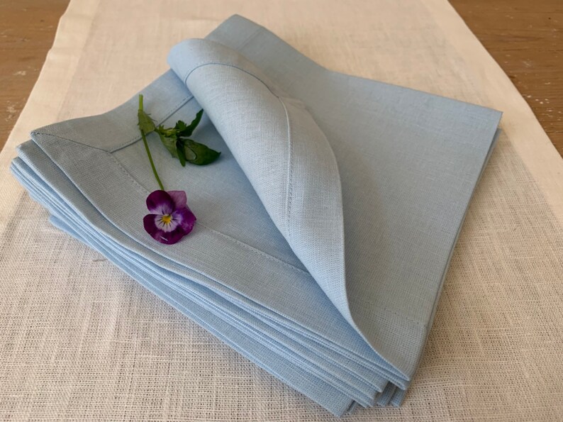 6 Light Blue Linen Napkins White Linen Napkins Rustic Table Etsy