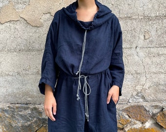 Womens Dress MIDNIGHT. Womens Linen Kaftan Dress with Hood. Plus size women's linen dress with tie belt. Loose Caftan Maxi Dress