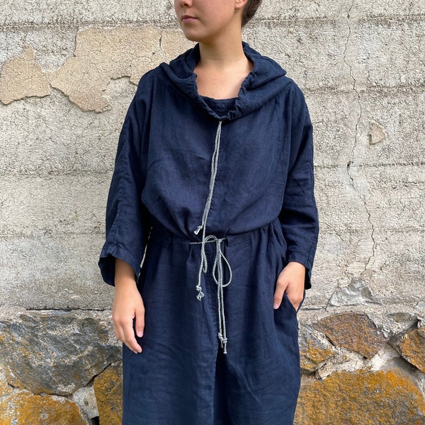 Womens Dress MIDNIGHT. Womens Linen Kaftan Dress with Hood. Plus size women's linen dress with tie belt. Loose Caftan Maxi Dress