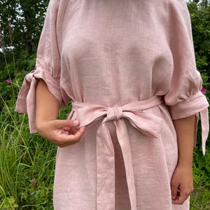 Salmon Linen Dress: Oversized Loose Fit with Tie Belt