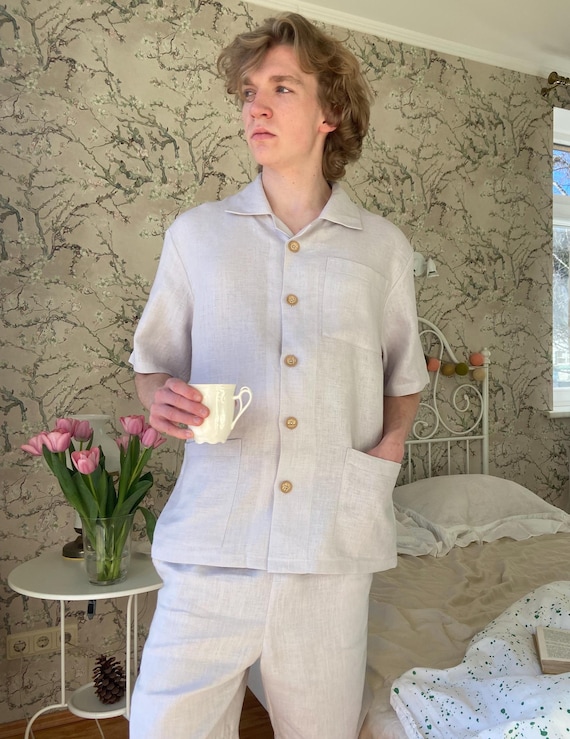Linen Mens Button Pajama Tops Men's Linen Pajama Set: Light Gray