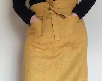 Linen Apron, Dark Yellow Womens Apron, Mustard Yellow Linen Apron, Mens Apron, Unisex Apron, Chef Apron, Wrap Apron with Front Pockets