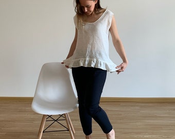 Linen Top with Frills, Linen Shirt, Oversize Linen Shirt, Linen Blouse, White Linen Shirt, Linen Top Women, Women Summer Shirt, Spring Top