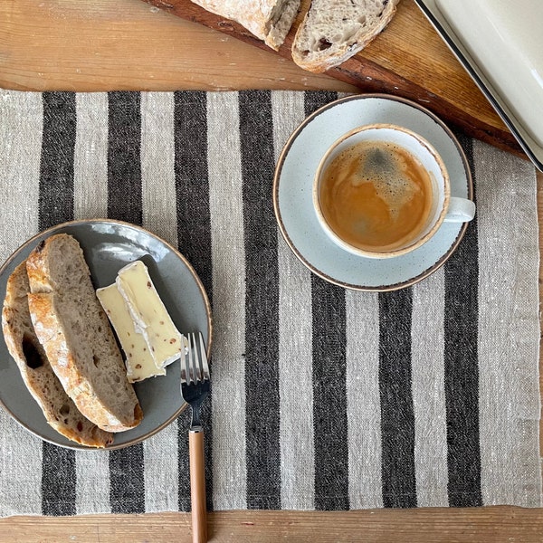 Dark and Beige Striped Placemats Set, Linen Placemats, Burlap Placemats, Antique Style Linen mats, Dining Place Mats