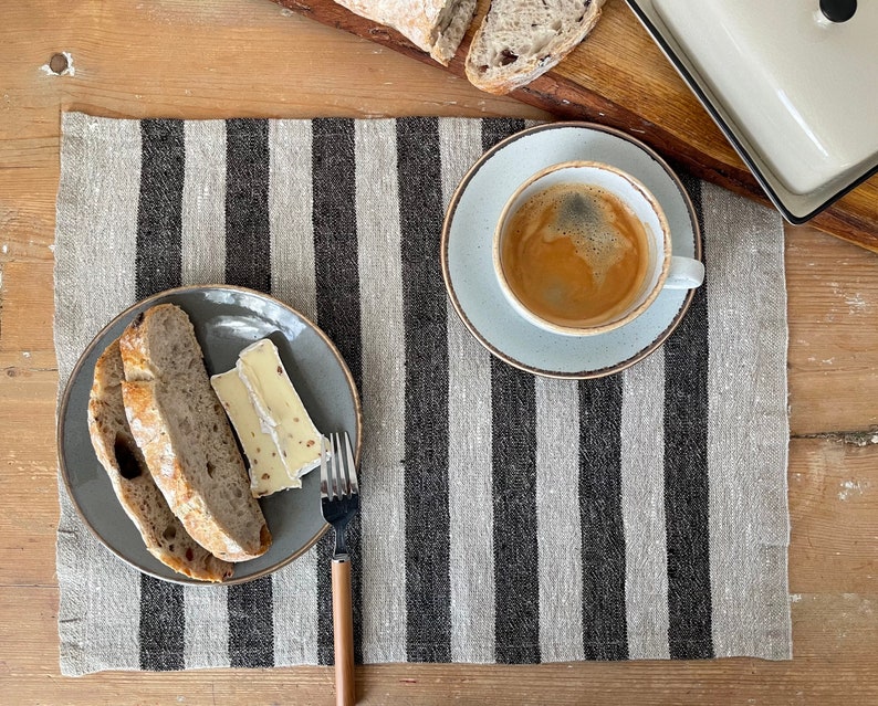 Dark and Beige Striped Placemats Set, Linen Placemats, Burlap Placemats, Antique Style Linen mats, Dining Place Mats image 1