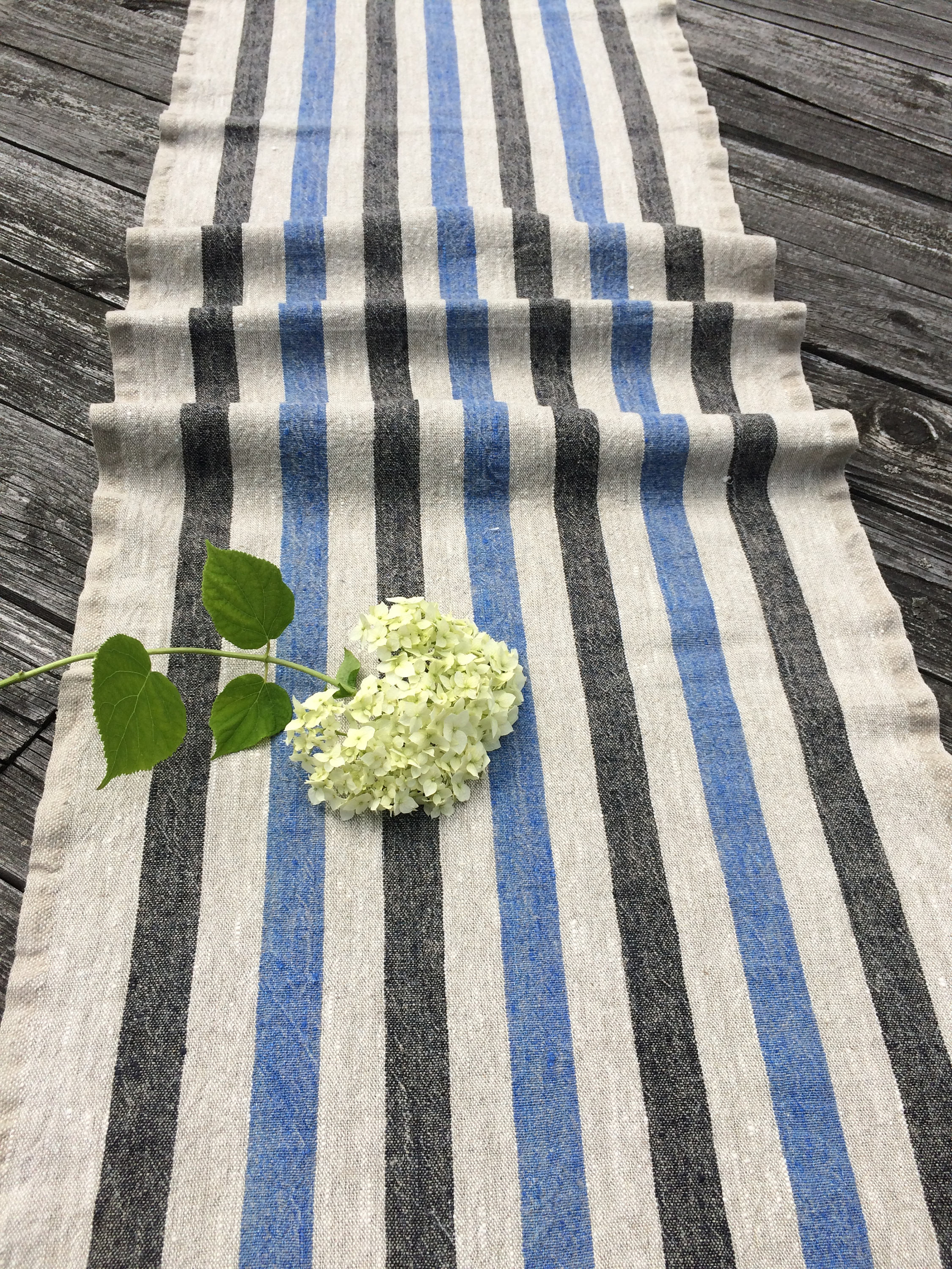 Shabby Chic Table Runner, Blue Black Stripes Table Runner, Rustic Linen Table Run, Vintage Style
