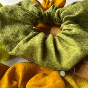 Ready to Ship. Set of 5 Different Color Linen Scrunchies Moss Green. Lime Green. Curcuma Yellow. Caramel. Mustard Yellow zdjęcie 8