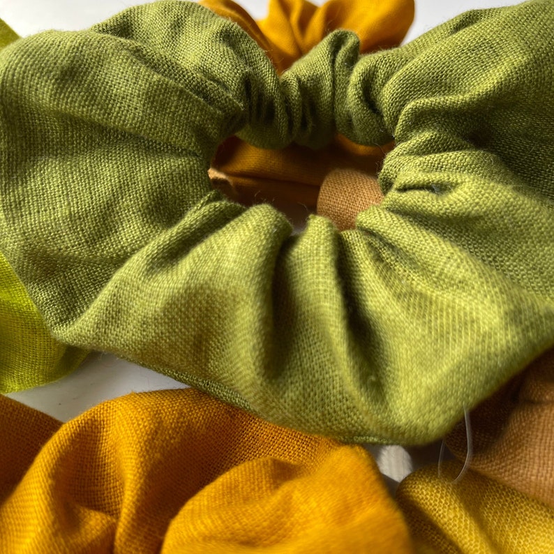 Ready to Ship. Set of 5 Different Color Linen Scrunchies Moss Green. Lime Green. Curcuma Yellow. Caramel. Mustard Yellow zdjęcie 8