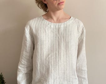 Men’s Linen Pajama Set, Off-White Linen Pajamas with Narrow Dark Stripes, Long Sleeve Sleepwear, Elastic Waist Pants, Comfortable Lounge Set