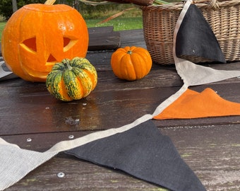 Linen Halloween Bunting Banner, Halloween Decor Garland,  Halloween Decoration Orange, Black & Beige Color Decor, Linen Bunting Wall Decor