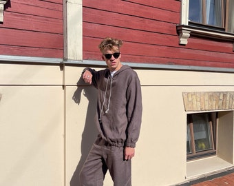 Men's Linen Sweatsuit / 2-Piece Casual Loungewear / Comfy Hoodie & Drawstring Pants