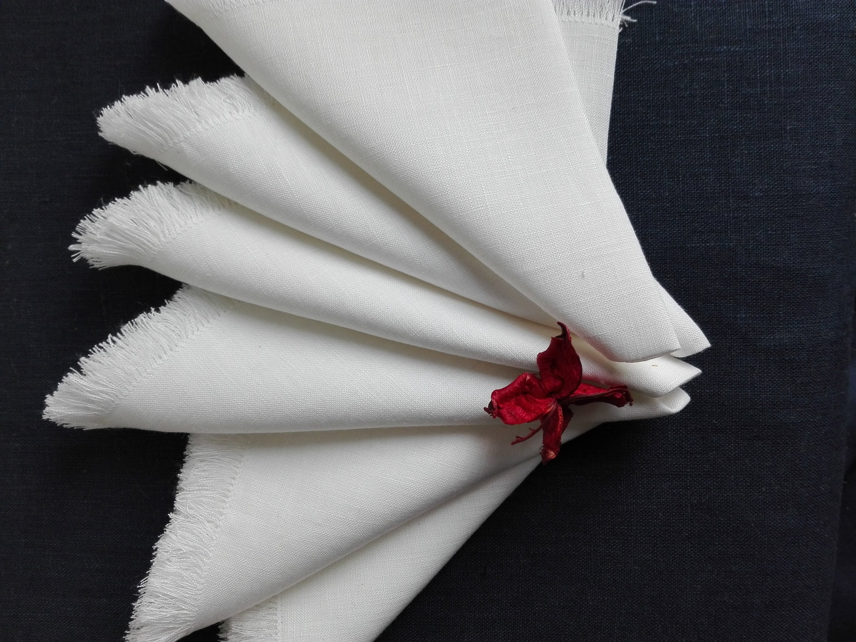 Set of 6 White Linen Napkins with Fringes, Rustic Table Napkins