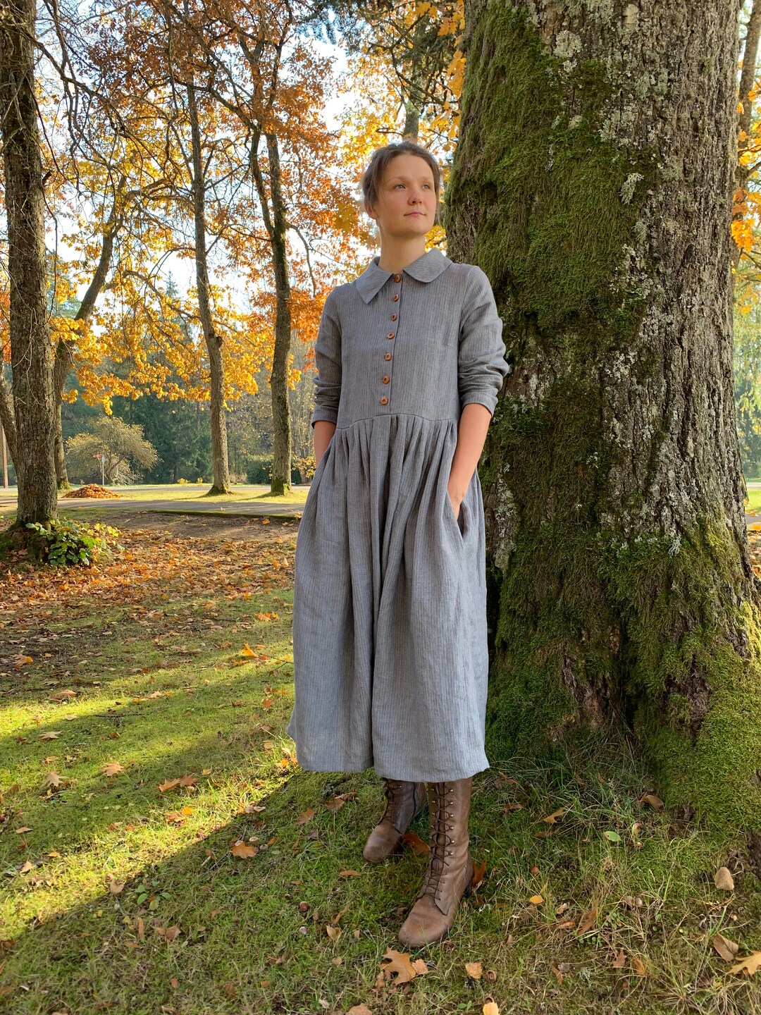 Classic Linen Dress With Collar, Traditional Linen Dress With Buttons