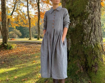 Classic Gray Striped Linen Dress with Collar, Linen Dress with Buttons, Women Dress with pockets, Plus Size Dress, Loose Linen Dress