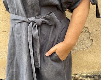 Iron Grey Dress with Tie-Up Belt and Half-Length Sleeves | Elegant Midi Dress | Versatile Casual & Formal Wear