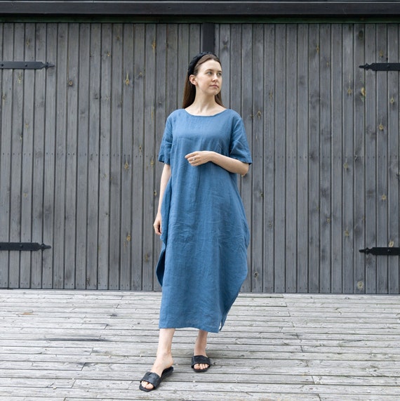Boho Linen Maxi Dress With Pockets: Handmade Boat Neck Dress - Etsy