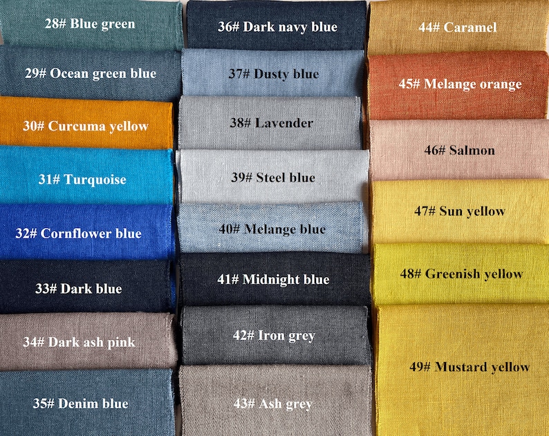 Puede incluir: Una carta de colores de 21 muestras de tela con n&uacute;meros y nombres de colores correspondientes. Las muestras est&aacute;n dispuestas en tres columnas y siete filas. Los colores incluyen azul verdoso, azul verde oc&eacute;ano, amarillo c&uacute;rcuma, turquesa, azul aciano, azul oscuro, rosa ceniza oscuro, azul denim, azul marino oscuro, azul polvoriento, lavanda, azul acero, azul jaspeado, azul medianoche, gris hierro, gris ceniza, caramelo, naranja jaspeado, salm&oacute;n, amarillo sol, amarillo verdoso y amarillo mostaza.