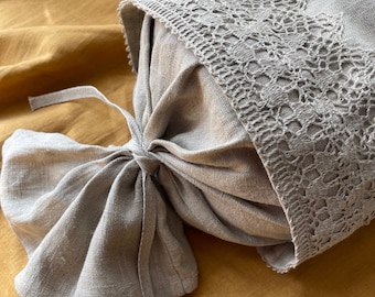 Linen Bolster Pillow Case with Lace - Decorative Round Cushion Cover with Ties