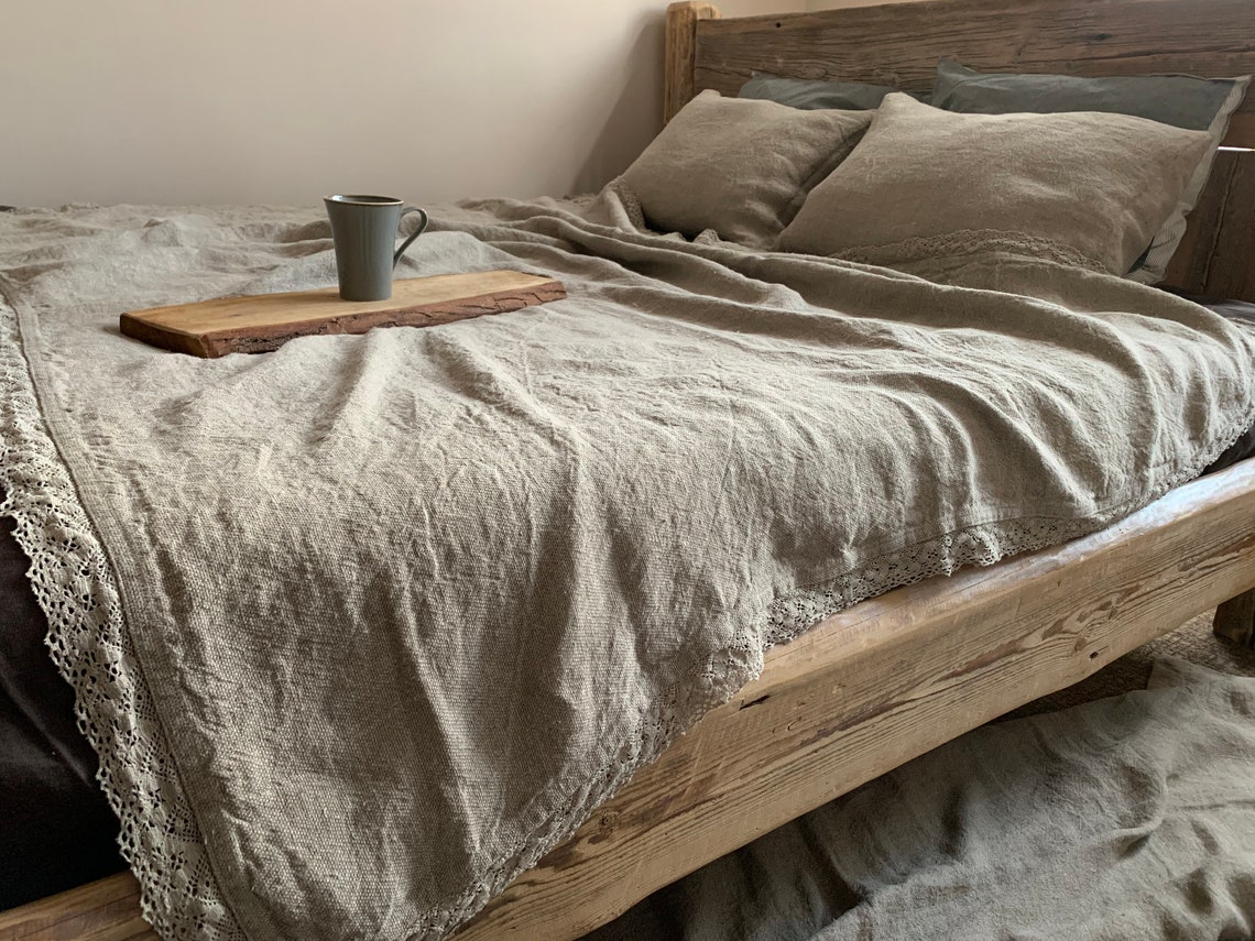 Linen Blanket With Lace Linen Bedding Throw Blanket Linen Etsy