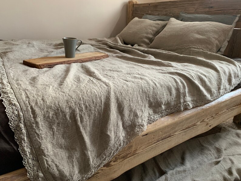 Linen Blanket With Lace Linen Bedding Throw Blanket Linen Etsy
