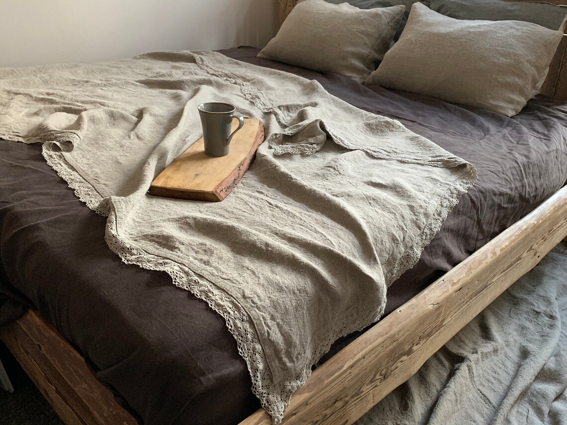 Linen Blanket With Lace Linen Bedding Throw Blanket Linen Etsy