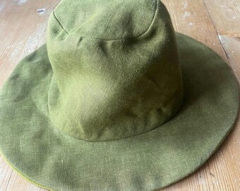 Ready to Ship,  Moss Green & Lime  Green Double-Sided Linen Fabric Women's  Summer Hat