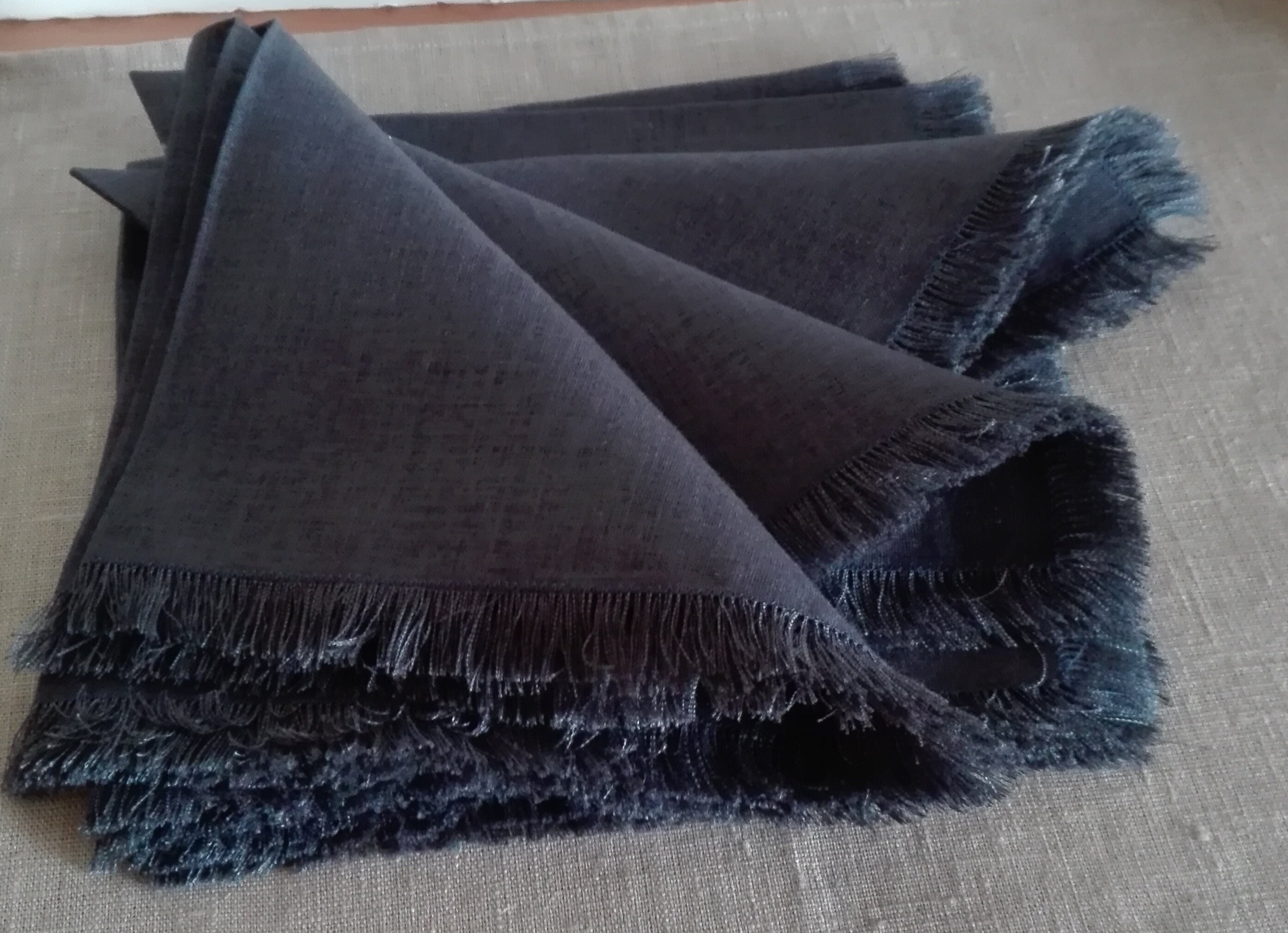 Dark Blue Napkins, A set 6 Blue Linen Napkins with Fringes, Cloth