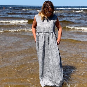 Linen Dress With no Sleeves, Sleeveless Dress, Maxi Dress, Women Dress with pockets, Plus Size Dress, Loose Linen Dress, Dress, Autumn Dress