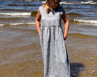 Linen Dress With no Sleeves, Sleeveless Dress, Maxi Dress, Women Dress with pockets, Plus Size Dress, Loose Linen Dress, Dress, Autumn Dress