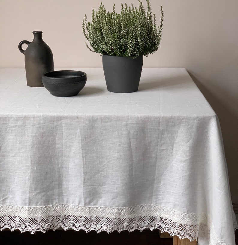 Linen Tablecloth with Lace, Milk White Linen Tablecloth, Milk White Lace Tablecloth, Large Square Linen Tablecloth, Large Tablecloth image 2