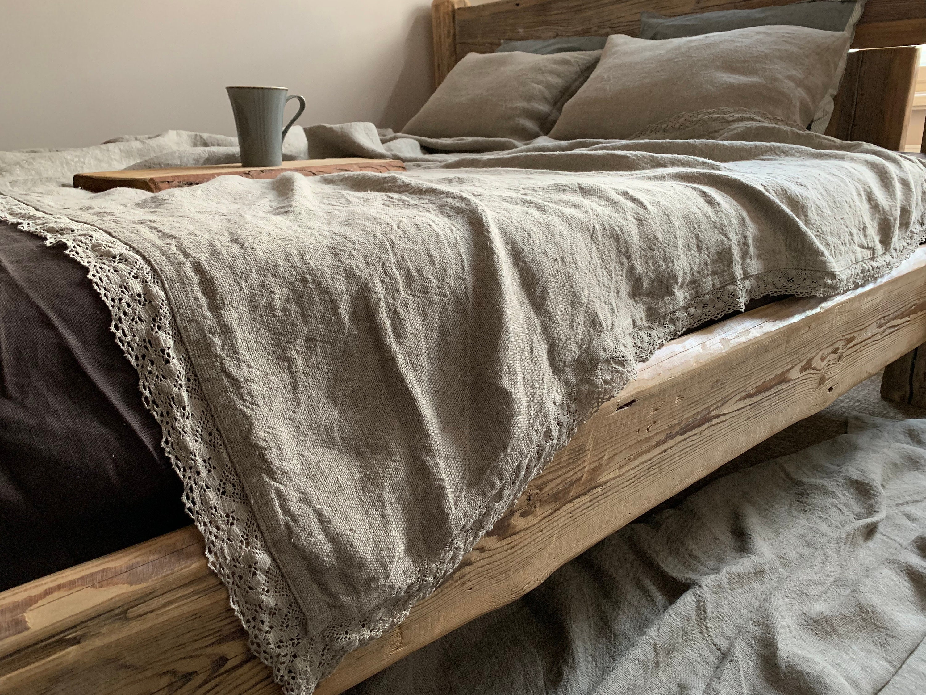 Linen Blanket with Lace, Linen Bedding, Throw Blanket, Linen Bedspread
