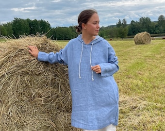 Light Blue Melange Linen Hoodie Tunic – Women’s Pullover Linen Top, Loose Fit, Natural Summer Clothing, Long Sleeve Boho Style Shirt