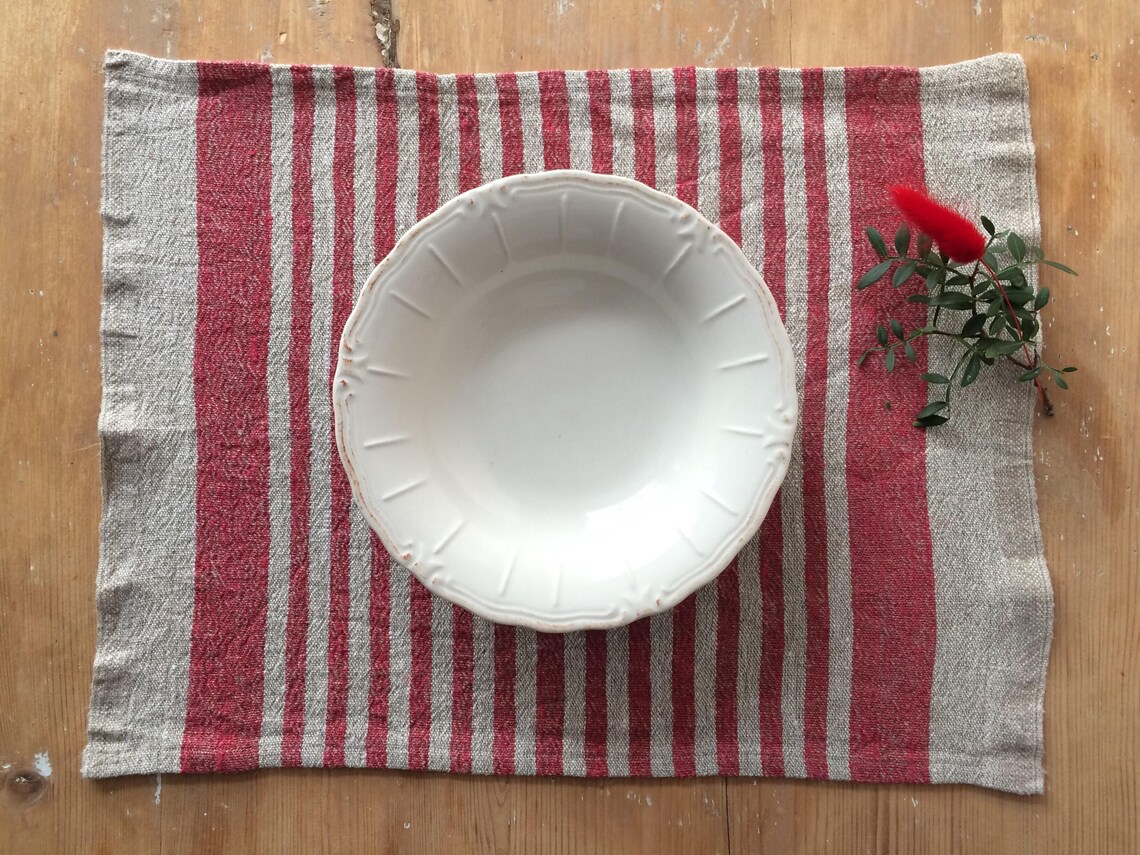 Red Striped Placemats Linen Placemats Rustic Home Decor Red Etsy