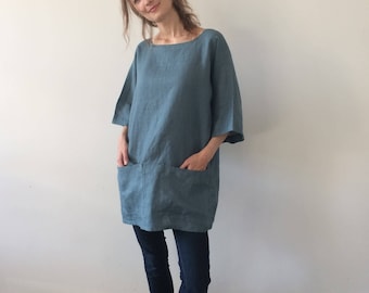 Blauwgroene linnen tuniek, linnen tuniek, damestuniek, zomertuniek, losse linnen tuniek, tuniektop, damestuniek, linnen tunieken plus maat, tuniek