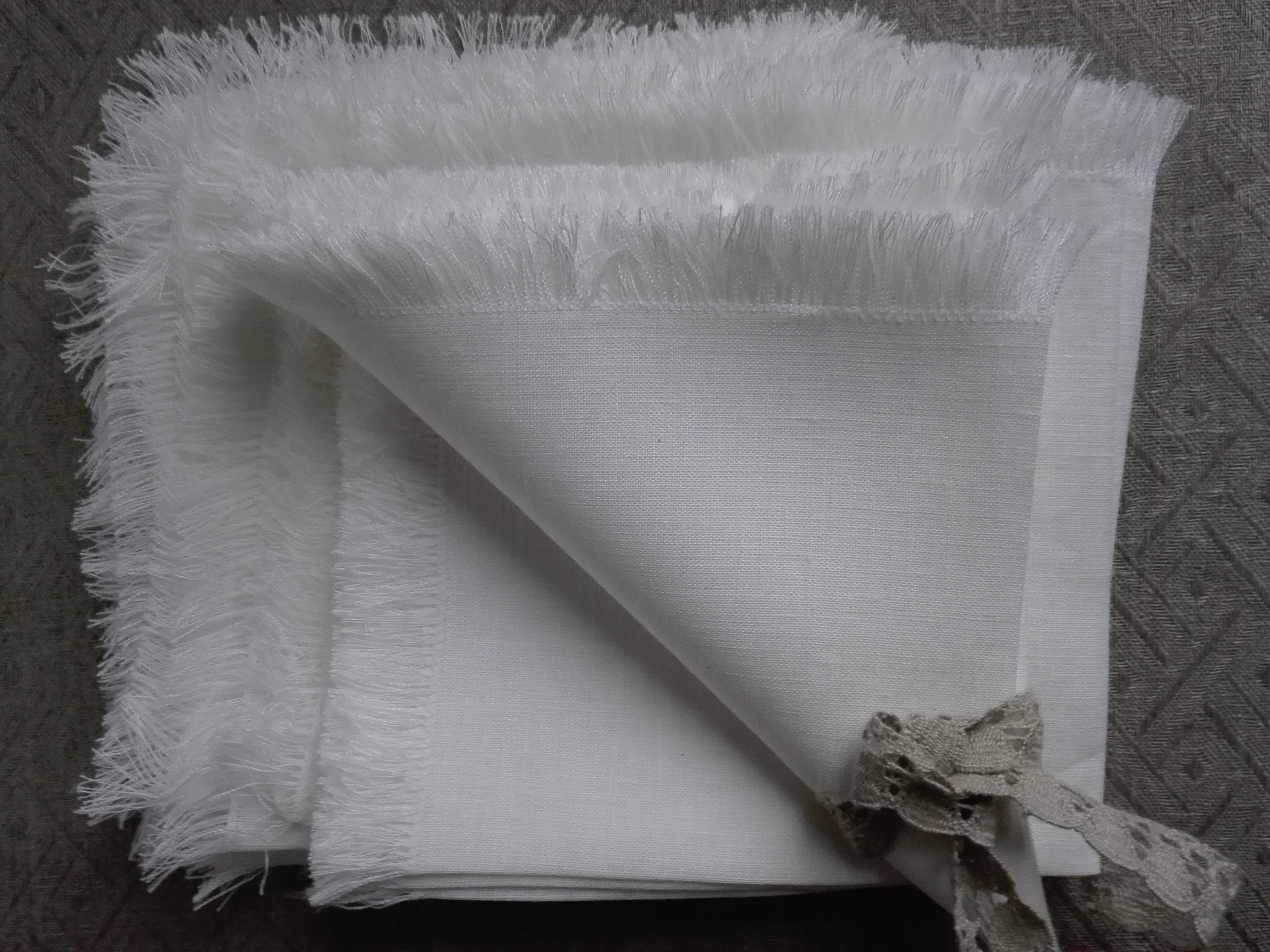 Set of 6 White Linen Napkins with Fringes, Rustic Table Napkins