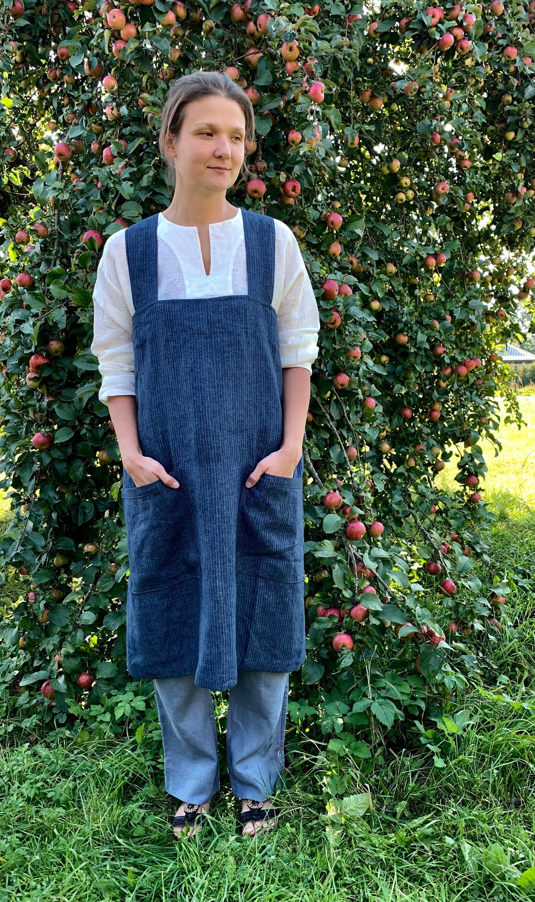 Japanese Apron, Linen Apron, Cross Back Apron, Pinafore Apron, No Ties