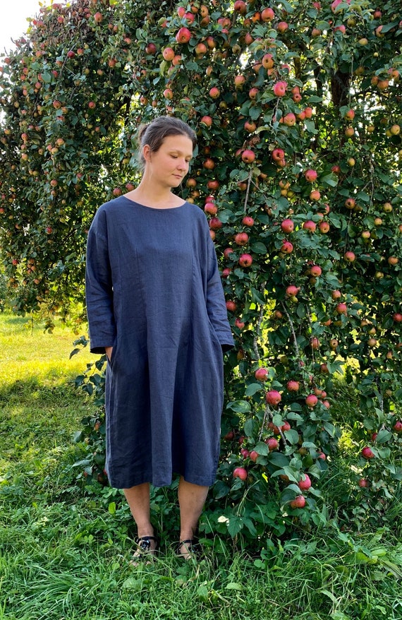 Handmade Blue Linen Dress: European Linen, Full Sleeves, Pockets