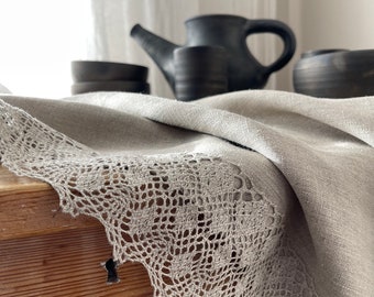 Natural Linen Color Tablecloth with Linen Lace, Natural Linen Lace Tablecloth, Large Square Linen Tablecloth with Woven Linen Lace