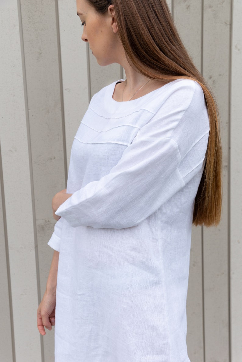 Side View of Elegant Women's Linen Dress – Handmade, Custom Fit, Natural Fabric.